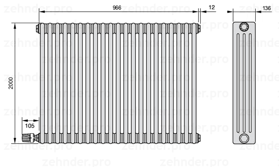 Схема (чертеж) Радиатор Zehnder Charleston 4200/21 №V003 Белый глянцевый RAL 9016